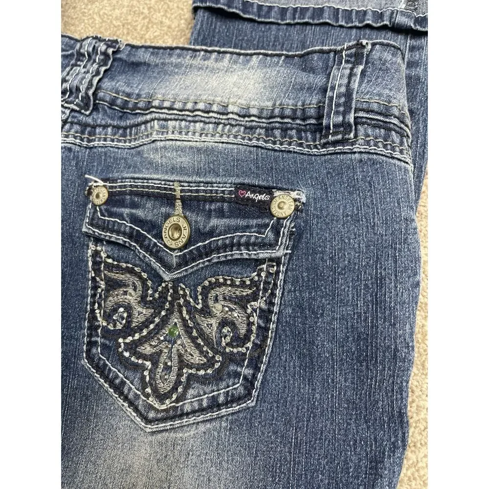 McBling Angels Low Rise Capri Jeans 30W Rhinestone Embroidered Medium Wash Y2K - Picture 5 of 13
